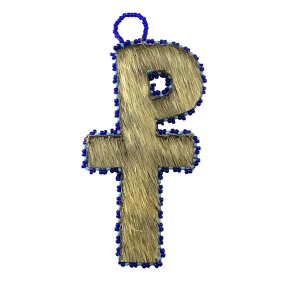 Handmade Other - Unique Handmade Animal Hide Chi Rho Cross Ornament with Blue Seed Bead Trim